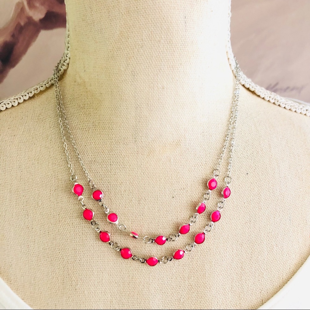 Double strand layered framed pink gem chain necklace